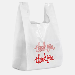HDPE T-Shirt Bags – Large 1/6, Size 11 x 6 x 21", Thickness 0.56 Mil, White, Printed (975 pcs/box)